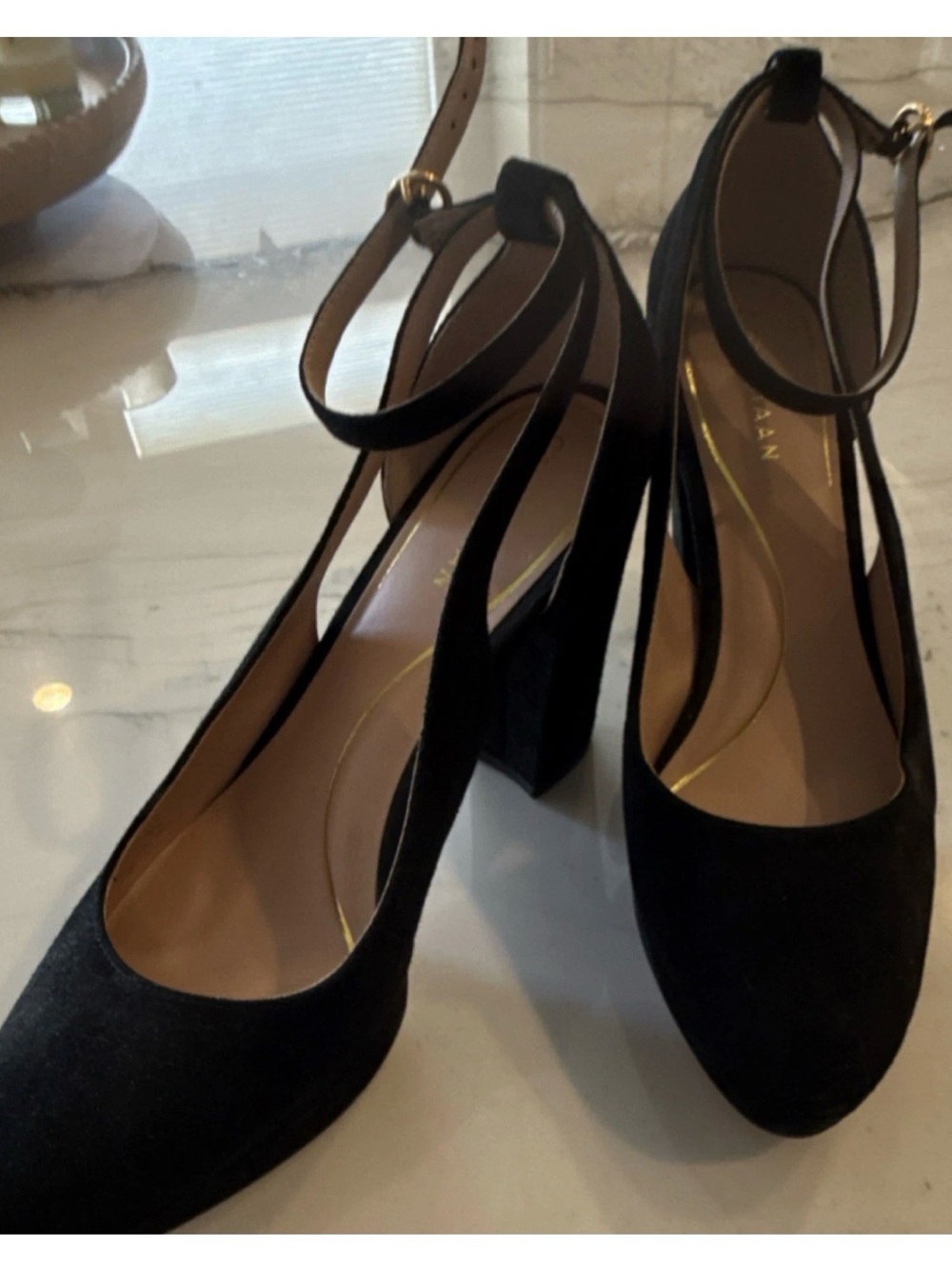 Cole Haan Black Suede Ankle-Strap Block Heel Pumps